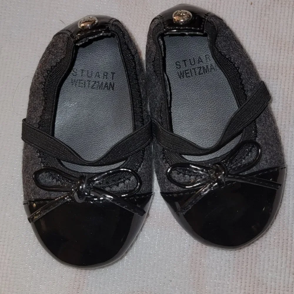 New Stuart Weitzman Legacy Black Patent & Gray Baby Shoes 3-6 Months Size 2